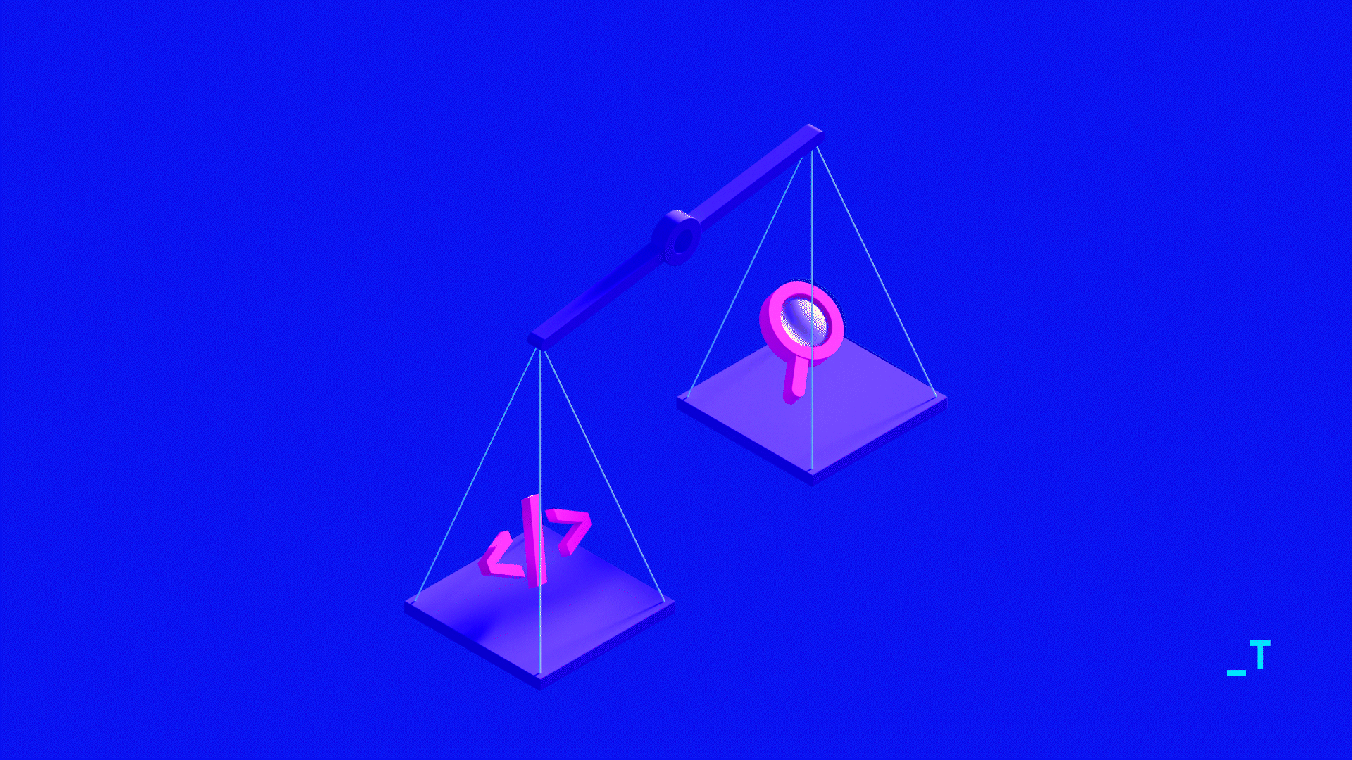 A isometric image of a balancing scale with code on one side and detective lens on the other side