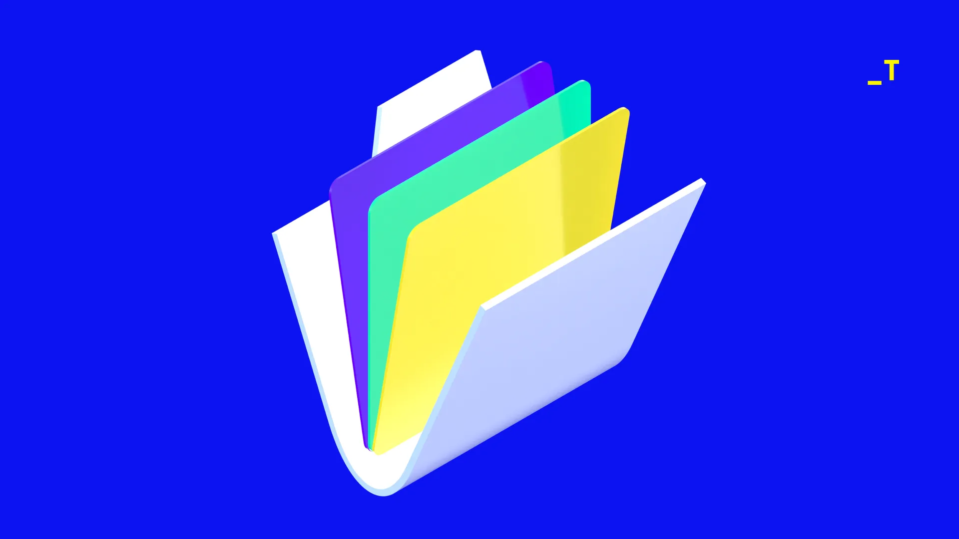 A 3D image of a file folder with purple, yellow and green color rectangles for pages